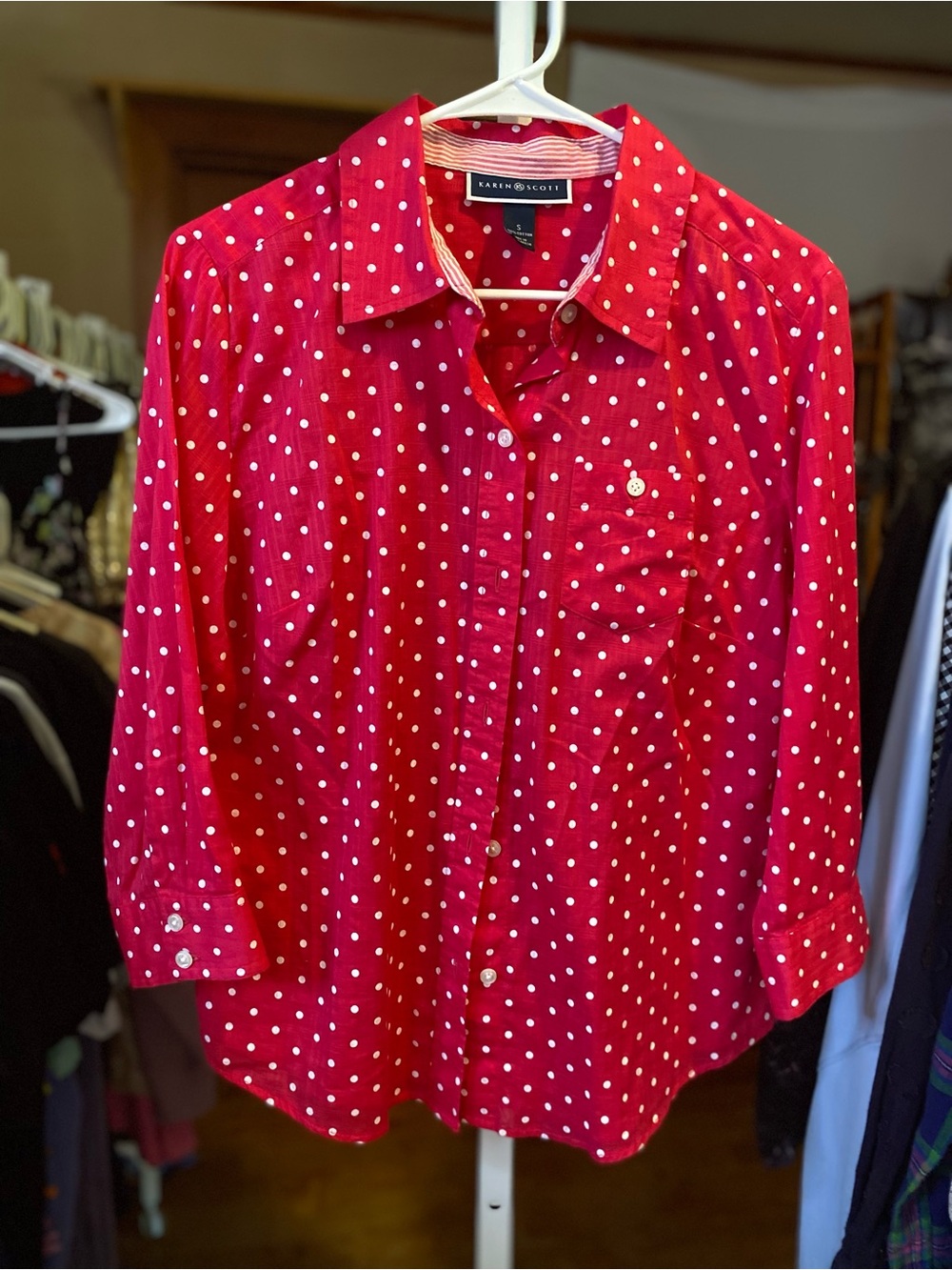Karen Scott Cherry Red Polka Dot Button-Down Shirt